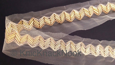 Beige Net Fabric Lace Trim With Gold Bugle Tube Beads And Gold Zardozi Embroidery, Beaded Trim, Approx. 24mm Wide